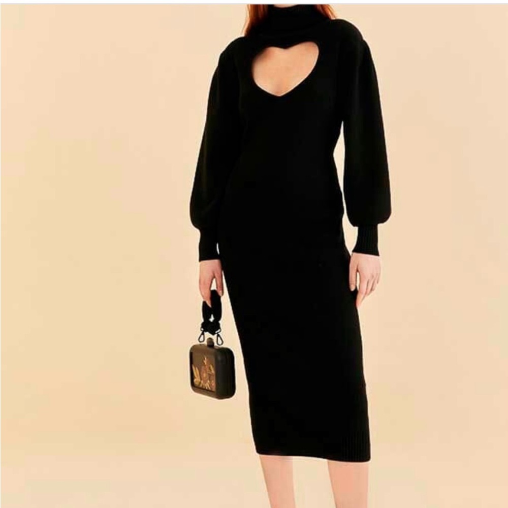 Elegant Black V-Neck Long Sleeve Midi Farm Rio Dress